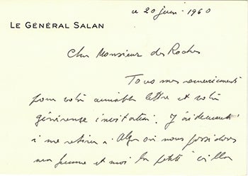 Item #51-3941 Note card from Le Général Raoul Salan to Vincent to Jacques Des Roches, (pseudonym of Jean-Gabriel Vacheron). Le Général Raoul writer Salan, recipient Jacques Des Roches, 1899–1984, Jean-Gabriel Vacheron.