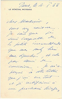 Item #51-3942 Note card from Le Général Raoul Salan to Vincent to Jacques Des Roches, (pseudonym of Jean-Gabriel Vacheron). Le Général Maximl writer Weygand, recipient Jacques Des Roches, 1867–1965, Jean-Gabriel Vacheron.