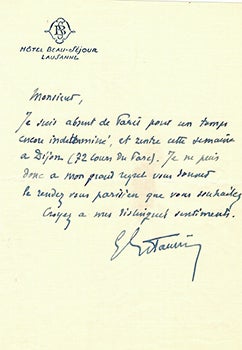 Item #51-3944 Letter from Édouard Estaunié to Jacques Des Roches, (pseudonym of Jean-Gabriel Vacheron). Édouard writer Estaunié, recipient Jacques Des Roches, Jean-Gabriel Vacheron.