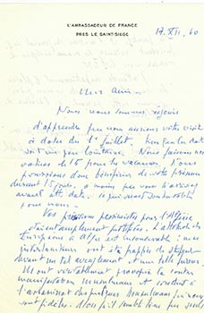 Item #51-3946 Letter from Guy de la Tournelle, Ambassadeur de France près le Saint-Siège ...