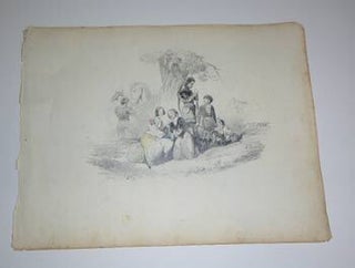 Item #51-3986 Romantic Figures with Horses and dogs under a Tree. Original drawing. Gustave Brion