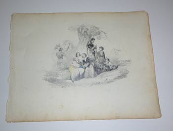 Item #51-3986 Romantic Figures with Horses and dogs under a Tree. Original drawing. Gustave Brion, 1824 - 1877.