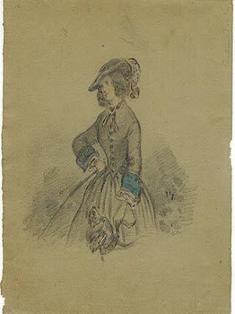Item #51-3992 Portrait of a Pretty Girl with her Dog. Original drawing. C F