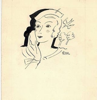 Item #51-4023 A Woman applying makeup in a Hat. Design for the cosmetics brand "Soir de Paris."...