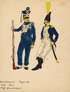 Item #51-4062 Pologne 1808. 4e Regt: Fusilier; 9e Regt. Officier de Voltigeurs. Original watercolor. Bronisław Gembarzewski, after.