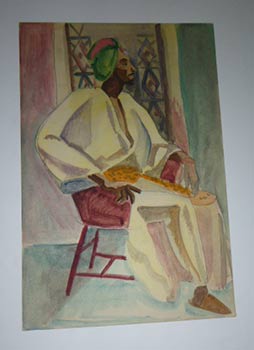 Item #51-4115 Seated Black Arab in fine Regalia. Original watercolor. Marguerite Zorach, attributed