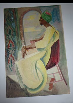Item #51-4117 Seated Black Arab in fine Regalia with Open Window. Original watercolor. Marguerite...
