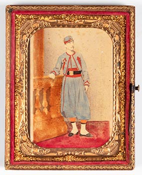 Item #51-4296 Hand-colored Carte-de-visite of a Zouave soldier in quarter plate case. Original...