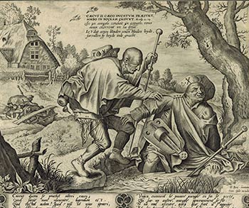 Item #51-4348 The Blind leading the Blind. Les deux Aveugles. Original engraving. Hieronymus Bosch, engraver Pieter van der Heyden, c. 1530 - 1572.