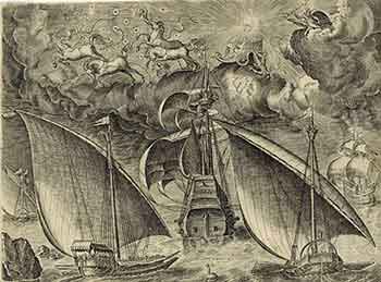 Item #51-4349 Two Galleys sailing behind an armed Three-Master with Phaeton and Jupiter in the Sky. Une Nef de Bande ue de Poupe.e entre deux Galères. Original engraving. Peter Bruegel the Elder, engraver Frans Huys, 1522–1562.