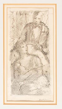 Item #51-4390 Original drawing of a Man standing over a seated woman with a Child. Barnett Freedman