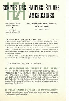 Item #51-4396 Prospectus for the Centre des Hautes Etudes Américaines. Georges Bonnet, Gaston...