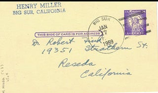 Item #51-4476 Als postcard from Henry Miller to Dr. Robert Fink referencing "The Red Notebook"...