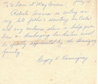Item #51-4479 Letter from Ernest Hemingway's son Gregory following the death of his father on...