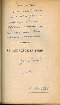 Item #51-4507 Le langage de la tribu.. Signed, presentation copy to Marie Laurencin. Marcel...