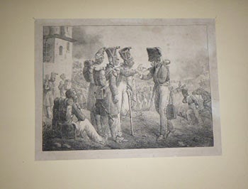 Item #51-4529 Trois grenadiers blessés., dont un assis , accueillent un hussard blessé ...First edition of the lithograph. Hippolyte Bellangé, Joseph-Louis-Hippolyte Bellangé, lithographer Godefroy Engelmann, 1788 – 1839.