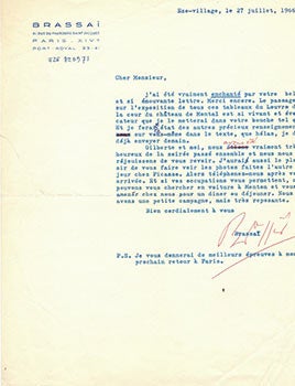 Item #51-4580 Original letter from BRASSAÏ to the art historian and curator Jean Leymarie....