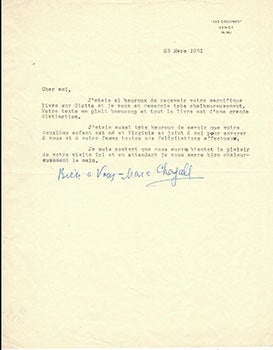 Item #51-4593 Original letter from Marc Chagall to the art historian and curator Jean Leymarie...