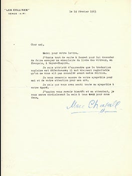Item #51-4595 Original letter from Marc Chagall to the art historian and curator Jean Leymarie...