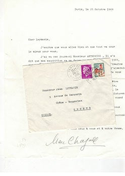 Item #51-4596 Original letter from Marc Chagall to the art historian and curator Jean Leymarie...
