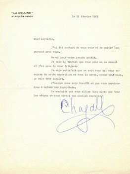 Item #51-4597 Original letter from Marc Chagall to the art historian and curator Jean Leymarie regarding being upset about the forthcoming exhibition at the Grand-Palais. Marc Chagall, Jean Leymarie.