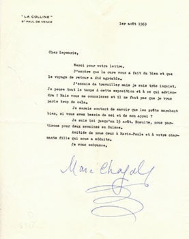 Item #51-4598 Original letter from Marc Chagall to the art historian and curator Jean Leymarie regarding being worried about the forthcoming exhibition at the Grand-Palais. Marc Chagall, Jean Leymarie.