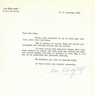 Item #51-4599 Original letter from Marc Chagall to the art historian and curator Jean Leymarie...