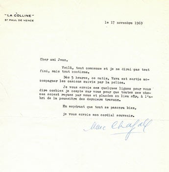 Item #51-4599 Original letter from Marc Chagall to the art historian and curator Jean Leymarie regarding the shipment of his works for the forthcoming exhibition at the Grand-Palais. Marc Chagall, Jean Leymarie.
