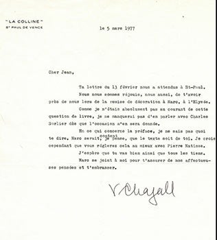 Item #51-4600 Original letter from Marc Chagall's wife to the art historian and curator Jean...