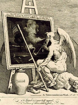 Item #51-4658 Time Smoking a Picture. Original etching. 18th Century Impression. William Hogarth