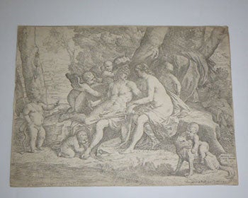 Item #51-4674 Mars and Venus seated in center surrounded by woods, with Cupids playing around them and caressing them; after Poussin. Original etching. Fabrizio Chiari Fabritius Clarus, after Nicolas Poussin, Giovanni Giacomo De Rossi, 1621–1695, 1594–1665, 1627–1691.