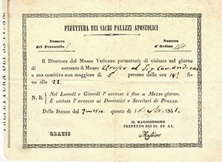 Item #51-4678 Antique Entry Ticket to the Museo Vaticano. Pefettura dei Sacri Palazzi Apostolici,...