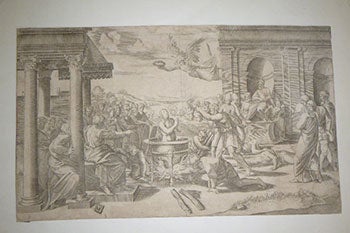 Item #51-4691 Woman being boiled alive and being shown decapitated heads. Text in image: RA.VR.IN. Original engraving. Master MF.
