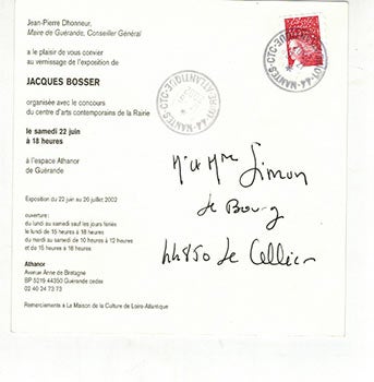 Item #51-4798 Invitation. Vernissage Jacques Bosser à l'espace Athanor de Guérande. Jacques Bosser, born 1946.