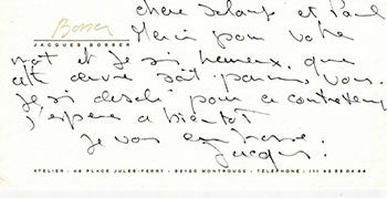 Item #51-4800 Letter from Jacques Bosser to the gallerist Solange Simon. Jacques Bosser, born 1946.
