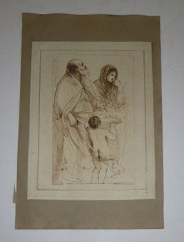 Item #51-5042 Un Veillard, une Femme et un Enfant qui porte le modèle d'une ville. Original...