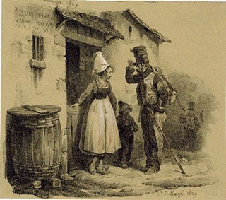 Item #51-5074 Soldier saluting a farm girl in front of her shop: Bon vin, cidre bière. . First...