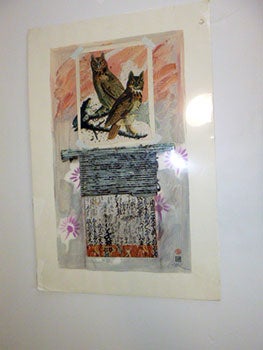 Item #51-5098 Pajaro Series. Two Owls with Asian writing on scroll. Original mixed media. Stanley Grosse.