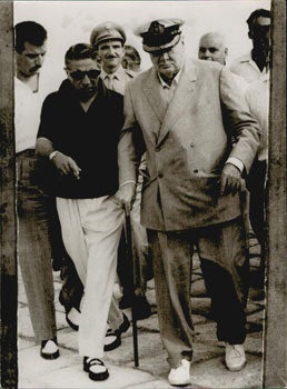 Item #51-5194 Sir Winston Churchill being physically supported by Aristotle Onassis in Itea...