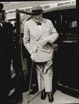 Keystone Press Agency - Sir Winston Churchill Leaving a Vehicle in a Light Suit with Cane. Original Photograph