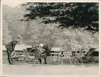 Keystone Press Agency - Sir Winston Churchill and Detective Bodyguard at Chartwell with Lawn Furniture and Pond. Original Photograph