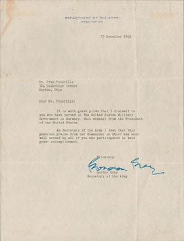 Item #51-5232 Letter from Secretary of the Army Gordon Gray to Fred Pohorille, Dayton, OH. Gordon...