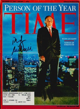Item #51-5239 Signed cover of Time Magazine "Person of the Year 2001" by Rudy Giuliani. Rudy...