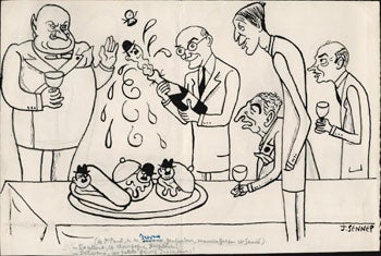 Item #51-5290 Caricature of Desvoux, Geolondon, Maurice Garson and Sanié in a cannibalistic gourmet setting. Original ink drawing. Jean Sennep, Jean-Jacques Charles Pennes dit.