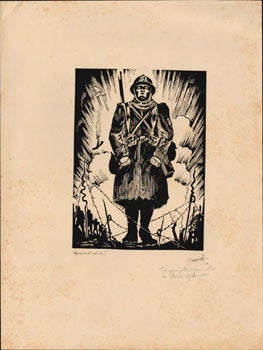 Item #51-5297 Wood engraving of WWI soldier in battle. Claudel