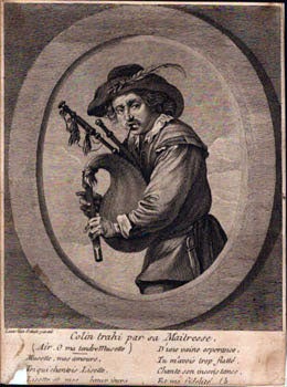 Item #51-5377 Colin trahi par sa Maitresse. [Man with bagpipe). Original engraving. Isaac van...