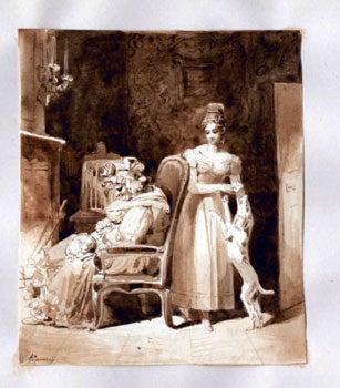 Item #51-5385 Older heavyset woman with a cat in front of a fireplace and young glamorous woman...