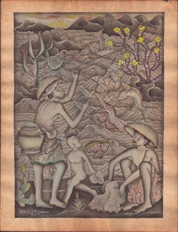 Item #51-5481 Balinese Family fishing. Original watercolor. Warta Ida Bagus Ketut, Balinese artist.