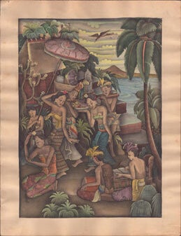 Item #51-5483 Balinese maiden carrying food and musicians. Original watercolor. Balinese artist Astawa.