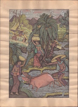 Item #51-5484 Balinese maiden farmers with water buffalo. . Original watercolor. Balinese artist...